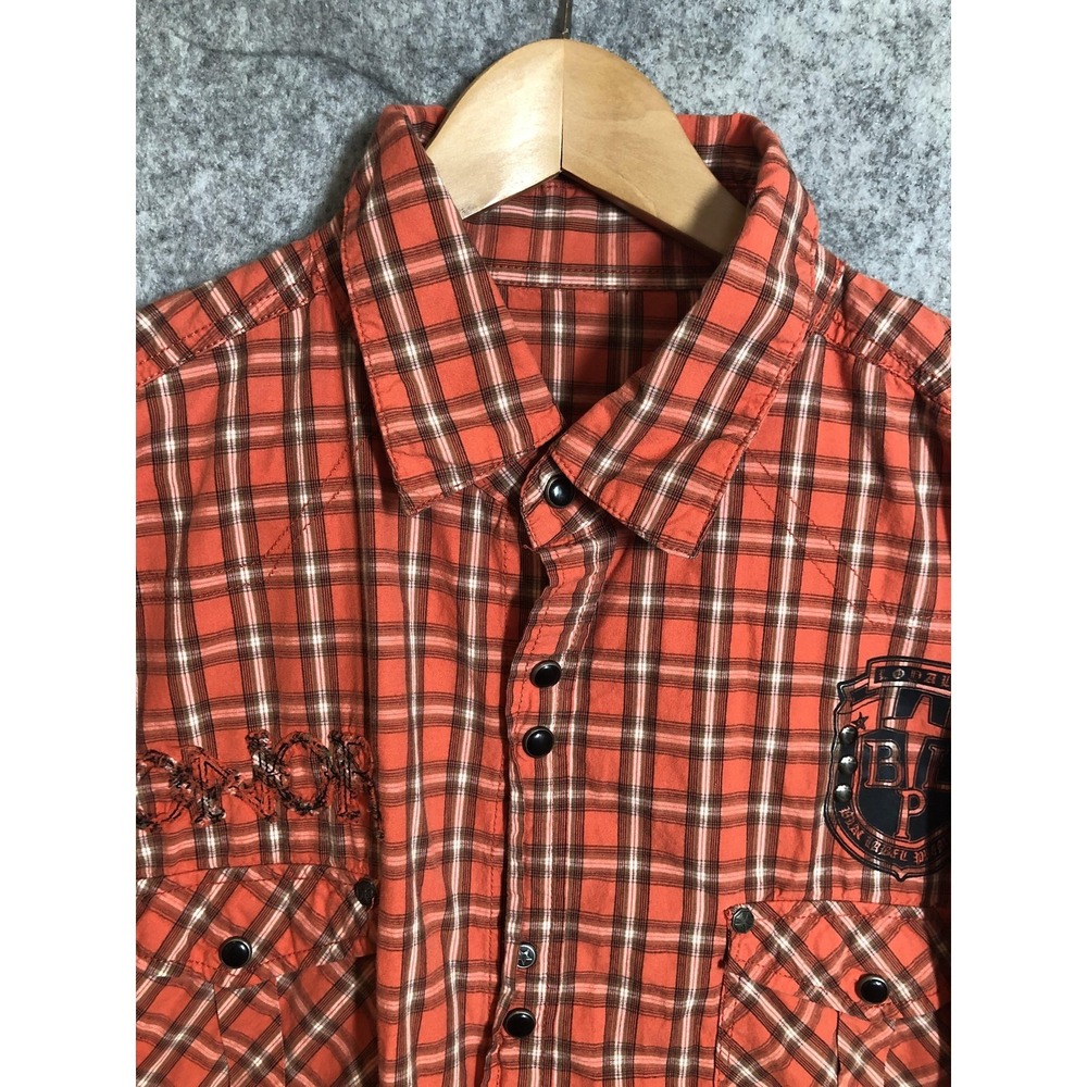 Blac Label Shirt Mens Medium Orange Plaid Western Snap Button Embroidered